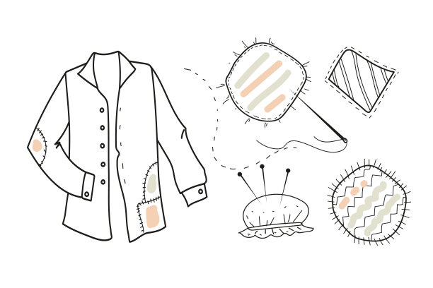 夹克，衬衫，裤子，布条包。补衣服。矢量涂鸦手绘一套缝布补丁。图片下载