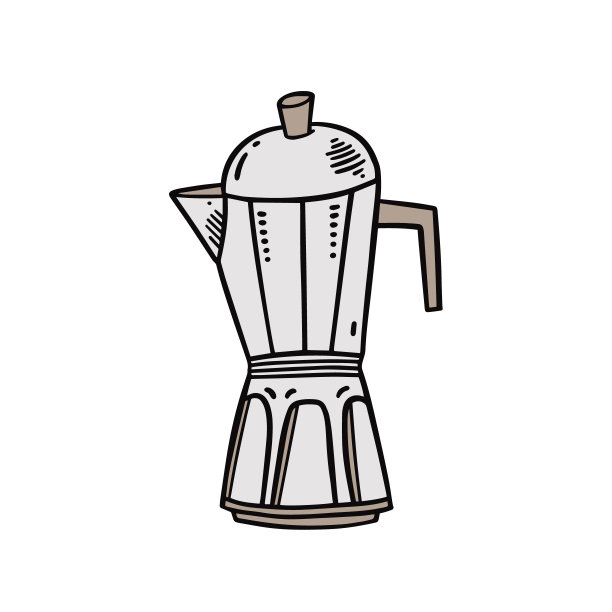 咖啡壶手绘卡通彩色矢量插图。图片下载