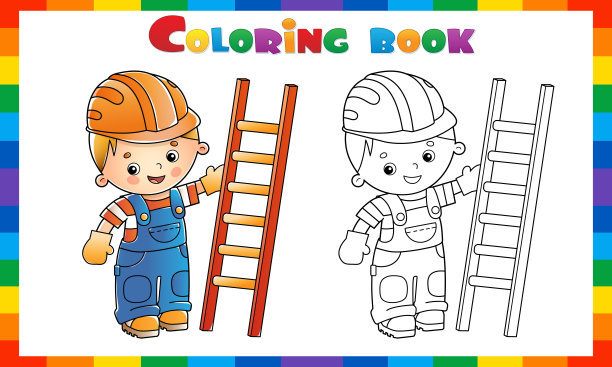 卡通建造者或带阶梯的工人的轮廓。的职业。儿童填色书。图片下载