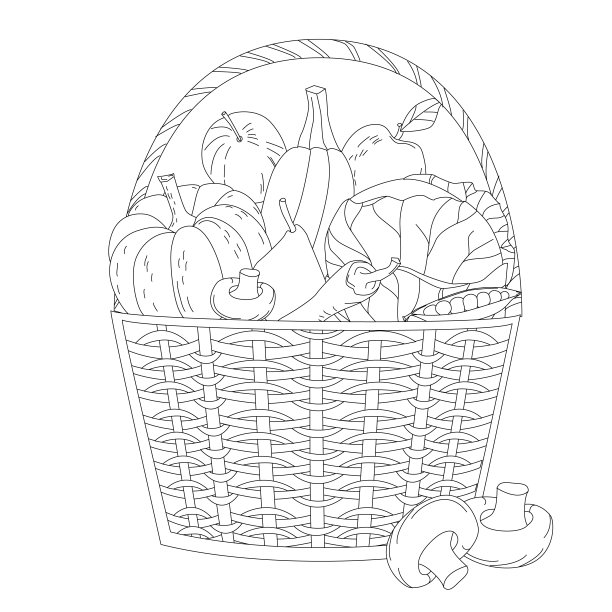 为你的涂色书概述的蔬菜和水果在柳条篮子里的图片图片下载
