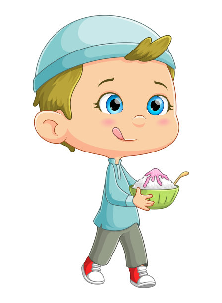 可爱的男孩饿了，拿着一个草莓冰淇淋在碗里图片下载