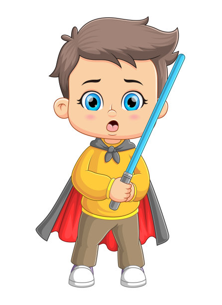 快乐的男孩拿着发光的剑，穿着斗篷图片下载