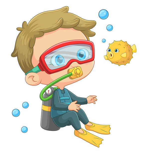 这个快乐的男孩正在海里潜水，看到她前面有一条小鱼图片下载