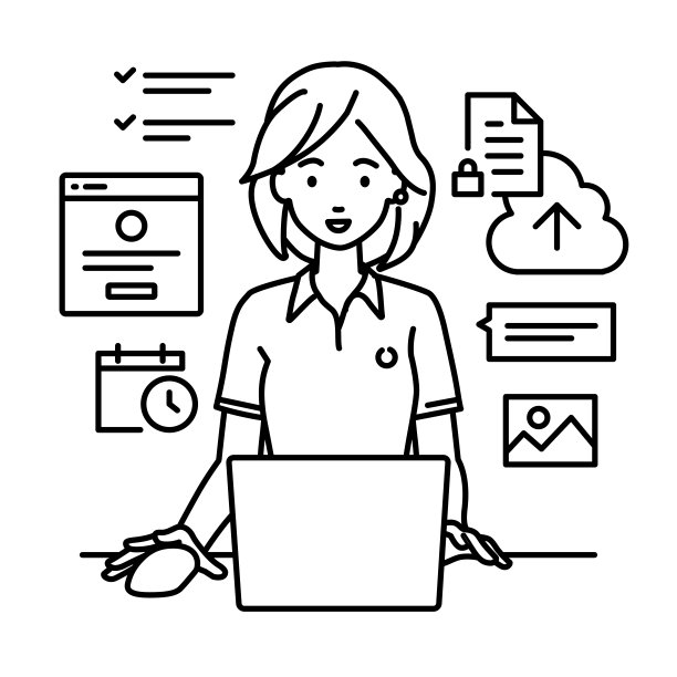 一个穿着polo衫的女人正在她的办公桌上使用笔记本电脑浏览网站、进行研究、在云上共享文件、安排日程、管理项目、组织任务以及与团队沟通图片下载