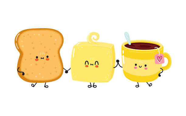 可爱的快乐吐司茶和黄油卡片。矢量手绘涂鸦风格卡通人物插画图标设计。干杯快乐杯茶加黄油朋友概念卡图片下载