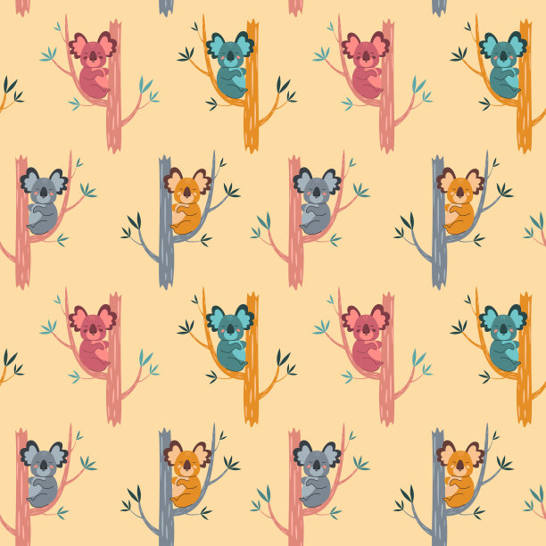 无缝模式与可爱的考拉睡在树枝上，为婴儿衣服和墙纸的打印，矢量，卡通插画。图片下载