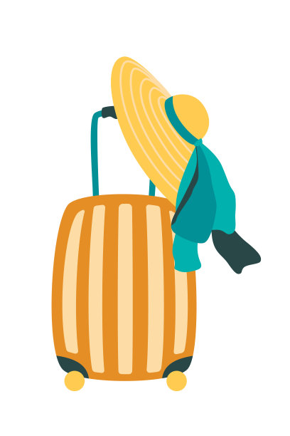 旅行黄色行李箱配一顶夏季稻草宽边帽，度假属性，孤立在白色背景下。平面矢量卡通插画，剪贴画。图片下载