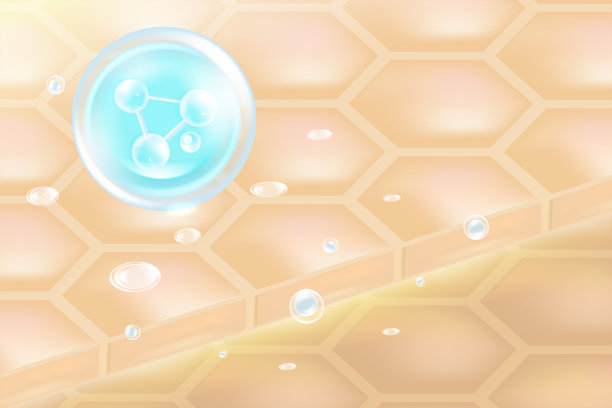 透明质酸头发和皮肤解决方案广告，蓝色胶原蛋白血清滴在皮肤细胞与化妆品广告背景准备使用，插图矢量。图片下载