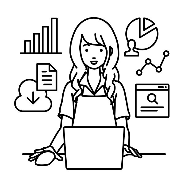 一名妇女在咖啡馆围裙使用笔记本电脑浏览网站，研究，共享云文件，分析，并在她的办公桌上做报告图片下载