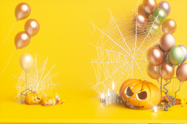 万圣节节日背景与南瓜和气球3d渲染图片下载