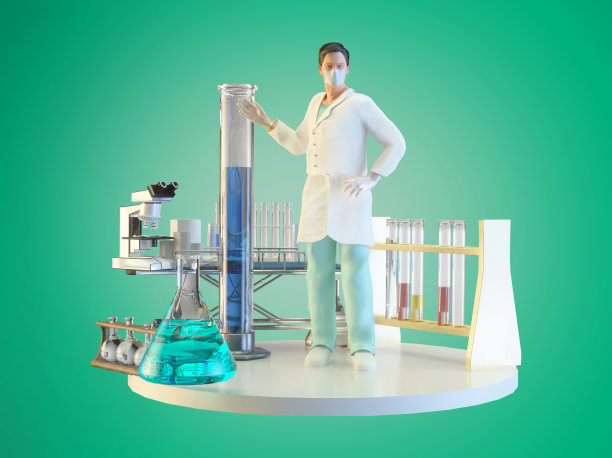 医生科学家拿着疫苗，医生站在实验室里。生物化学、药学和保健的概念，3d渲染图片下载