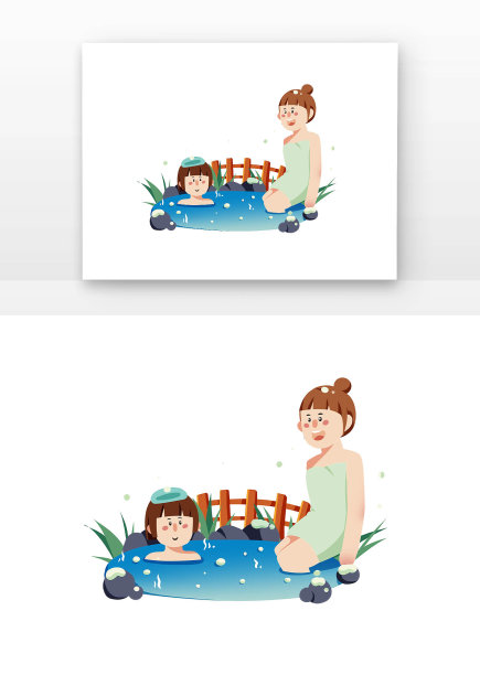 手绘卡通女孩一起泡温泉图片下载