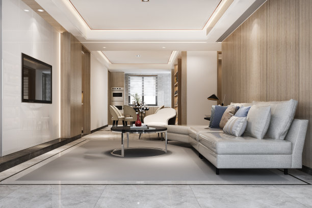 3d渲染阁楼豪华客厅与架子附近的餐桌图片下载