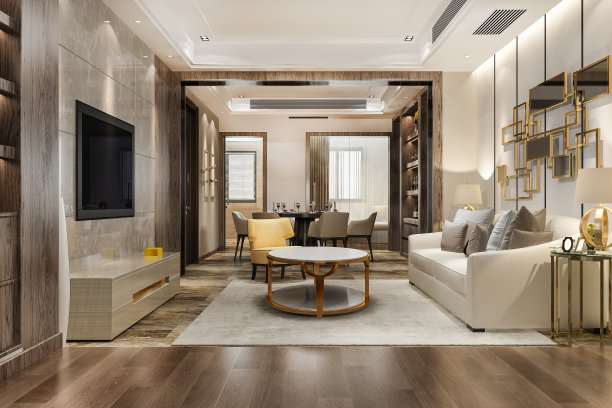 3d渲染阁楼豪华客厅与架子附近的餐桌图片下载