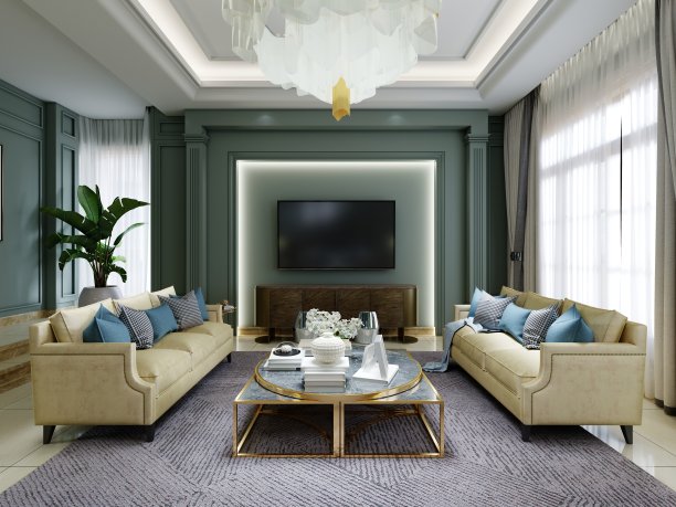 家庭娱乐室，配有黄色沙发和绿色墙壁的电视区，有照明的壁龛里有一台电视。图片下载