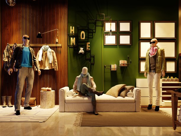 设计一个现代风格的服装鞋店，在晚上的灯光下有模特。图片下载