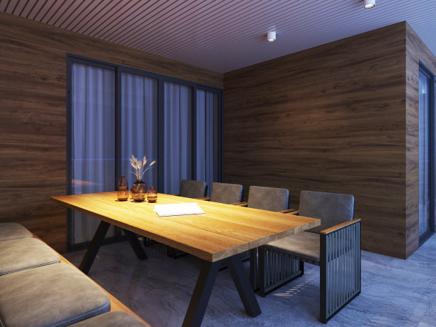 户外阳台阳台上有现代户外家具桌椅在傍晚的灯光下。图片下载