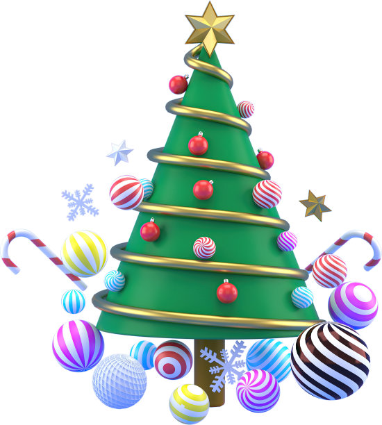 3d渲染圣诞或新年元素背景装饰树，球，雪和礼品盒。为节日准备的彩色礼物。现代设计。图片下载