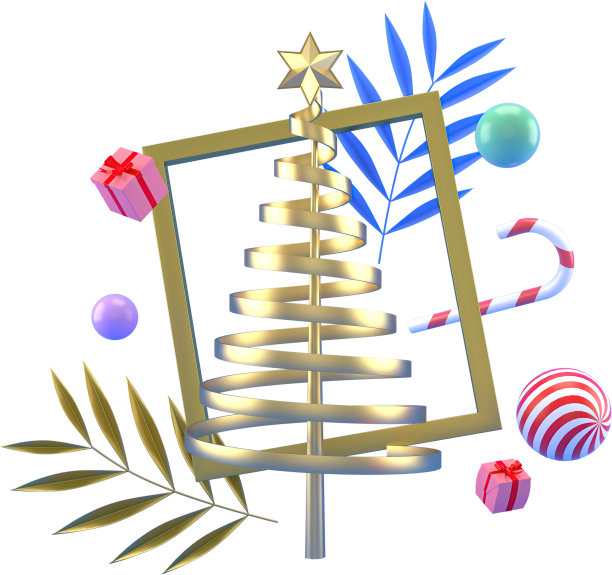 3d渲染圣诞或新年元素背景与装饰树球，雪和礼物的框架。为节日准备的彩色礼物。现代设计。图片下载