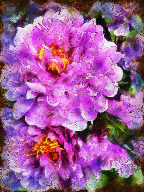 风俗化水彩花丁香牡丹。图片下载