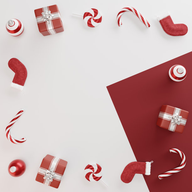 圣诞背景与礼品盒，糖果，袜子和装饰品。图片下载