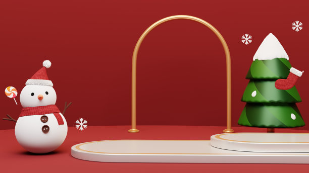 圣诞场景有雪人，松树，糖果，袜子和讲台。图片下载