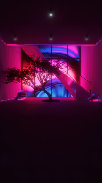 大厅里五颜六色的灯光，有一棵Washitsu树和一个现代化的楼梯图片下载