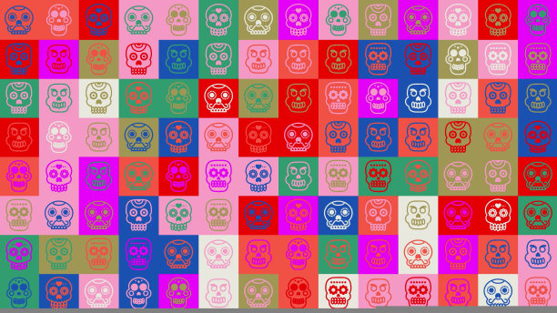 头骨循环。动画。无缝模式的背景。背景是彩色图标中的小而有趣的人类头骨。万圣节，墨西哥的亡灵节。图片下载