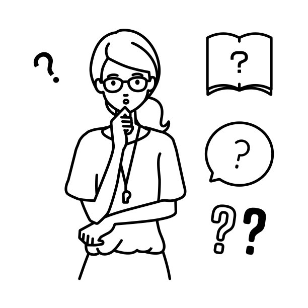 一名女教师拿着考卷站在那里，手指放在下巴上的问号上图片下载