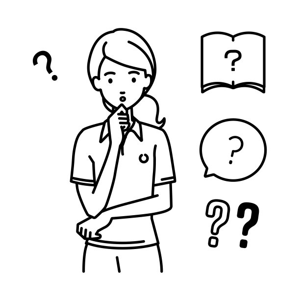 一个穿着polo衫的女人拿着一个问题站在那里，她的手指放在下巴上的问号图片下载