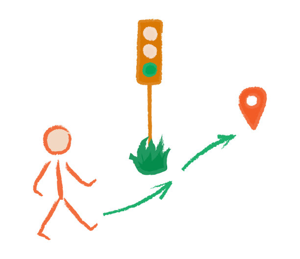 一个人沿着通往目标的路线走的插图。绿色交通信号灯。孩子们的画图片下载