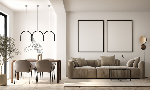 模拟海报框架在现代室内背景，客厅，斯堪的纳维亚风格，3D渲染，3D插画图片下载