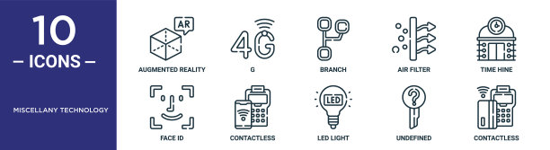 其他技术轮廓图标集包括细线增强现实，分支，时间，非接触式，未定义，非接触式，面部id图标的报告，演示，图表，网页设计图片下载