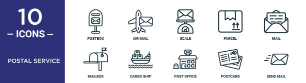 邮政服务大纲图标集包括细线邮筒，规模，邮件，货船，明信片，发送邮件，邮箱图标报告，演示，图表，网页设计图片下载