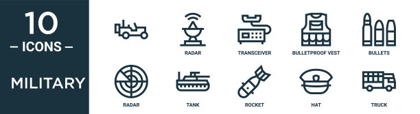 军事轮廓图标集包括细线，收发器，子弹，坦克，帽子，卡车，雷达图标报告，演示，图表，网页设计图片下载