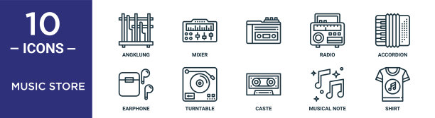 音乐商店大纲图标集包括细线angklung，，手风琴，转盘，音符，衬衫，耳机图标报告，演示，图表，网页设计图片下载