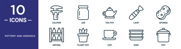 陶器和陶瓷轮廓图标集包括细线卡尺，茶壶，海绵，花盆，盘子，锅，干燥图标报告，展示，图表，网页设计图片下载