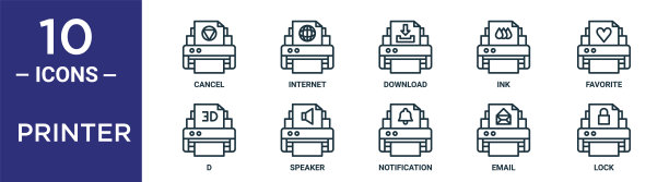 打印机轮廓图标集包括细线取消，下载，收藏，扬声器，电子邮件，锁，d图标报告，演示，图表，网页设计图片下载