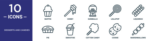 甜点和糖果轮廓图标集包括细线松饼，口香糖球，甘草，冰沙，饼干，棉花糖，饼图标报告，演示，图表，网页设计图片下载