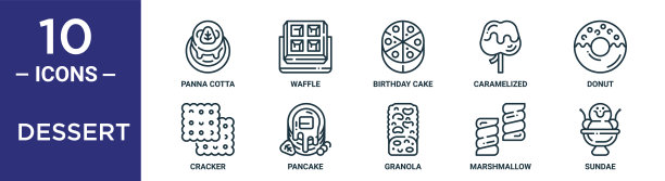 甜点轮廓图标集包括细线意式奶冻，生日蛋糕，甜甜圈，煎饼，棉花糖，圣代，饼干图标报告，演示，图表，网页设计图片下载