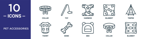 宠物用品轮廓图标集：项圈、挽具、帐篷、骨头、毯子、T恤等，适用于报告、演示、图表、网页设计图片下载