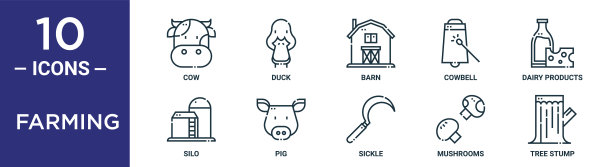 农场轮廓图标集包括细线奶牛，谷仓，乳制品，猪，蘑菇，树桩，筒仓图标报告，演示，图表，网页设计图片下载