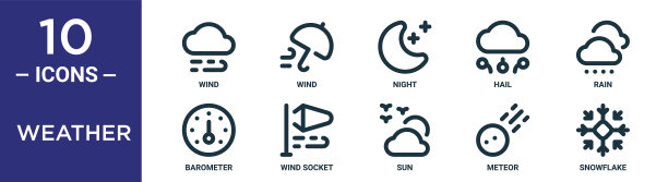 天气轮廓图标集包括细线风，夜，雨，风插座，流星，雪花，晴雨表图标报告，演示，图表，网页设计图片下载