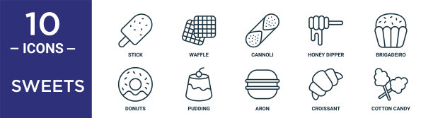 糖果轮廓图标集包括细线棍，奶油卷，brigadeiro，布丁，羊角面包，棉花糖，甜甜圈图标的报告，演示，图表，网页设计图片下载