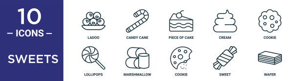 糖果轮廓图标集包括细线拉度，一块蛋糕，饼干，棉花糖，糖果，威化，棒棒糖图标的报告，演示，图表，网页设计图片下载