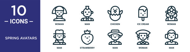 春天头像轮廓图标集包括细线女人，鸡，女人，草莓，女人，男人，男人图标报告，演示，图表，网页设计图片下载