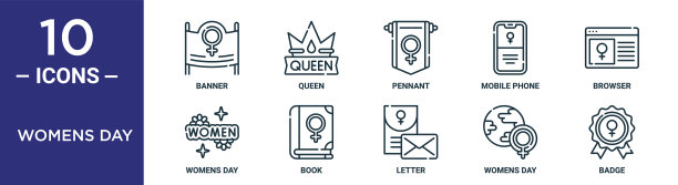 妇女节轮廓图标集包括细线横幅，锦旗，浏览器，书，妇女节，徽章，妇女节图标报告，演示，图表，网页设计图片下载