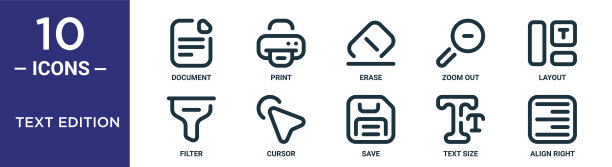 文本版大纲图标集包括细线文档，擦除，布局，光标，文本大小，对齐右，过滤器图标的报告，演示，图表，网页设计图片下载