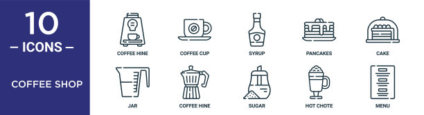 咖啡店轮廓图标集包括细线咖啡精，糖浆，蛋糕，咖啡精，热chote，菜单，罐图标报告，演示，图表，网页设计图片下载