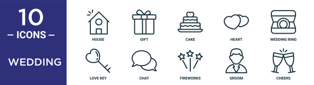 婚礼轮廓图标集包括细线房子，蛋糕，结婚戒指，聊天，新郎，干杯，爱的关键图标报告，演示，图表，网页设计图片下载